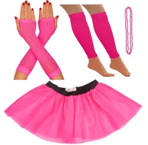 NEON PINK TUTU SET TUTU LEGWARMERS GLOVES BEADS ADULT 80s FANCY DRESS HEN PARTY  - Picture 1 of 6