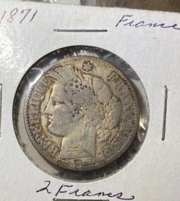 FRANCE coin 2 Francs 1871 small letter  Km#817.1  .835 Silver Original Aged. - Image 1 of 4