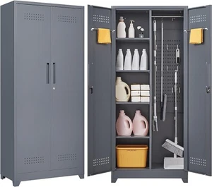 72.8" Metal Garage Storage Cabinet with Lockable Doors, Broom Storage Cabinet - Picture 1 of 9