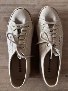Superga Ladies Canvas Platform Espadrille Shoes Size 38 US 7 Beige Gold Comfort - Picture 1 of 16