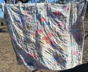 Vtg baby Quilt BOBBIE embroidered at center AGED & WELL WORN 40x48" - Picture 1 of 12