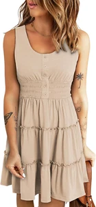 Womens Summer Dresses 2025 Sleeveless Button down Smocked Empire Waist Ruffle Ti - Picture 1 of 12