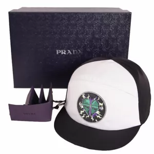 sz XL NEW $570 PRADA FRANKENSTEIN SAFFIANO LEATHER PATCH Nylon BASEBALL CAP HAT - Picture 1 of 12