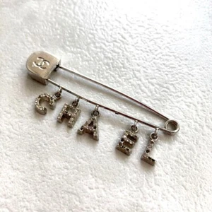 CHANEL Silver Plated Logos Swing Charm Rhinestone Pin Brooch Japan Auth   - Picture 1 of 10