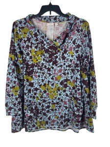 LOGO Lori Goldstein 2X Floral Print Schal V-Ausschnitt Tunika Top Burgund Blau Taschen - Bild 1 von 14