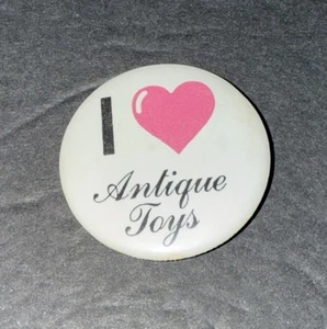 Vintage I Love Antique Toys pin button pinback Pink heart 1.75” - Picture 1 of 3