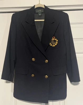 Vtg RALPH LAUREN Jacket Blazer Worsted Wool 3-D GOLD RL CREST & CROWN Size 6 - Image 1 of 4
