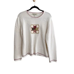 Cabela’s Vintage Cottage Patchwork Knit Crewneck Sweater Cream Quilt Size Large - Picture 1 of 4