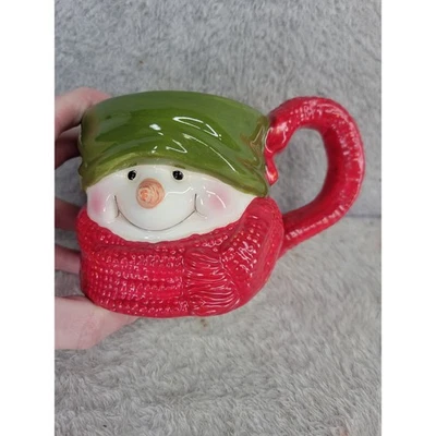 Taza Muñeco de Nieve Navidad Sombrero Verde Rojo Bufanda Mango Cerámica Taza de Café Foto 1 de 4