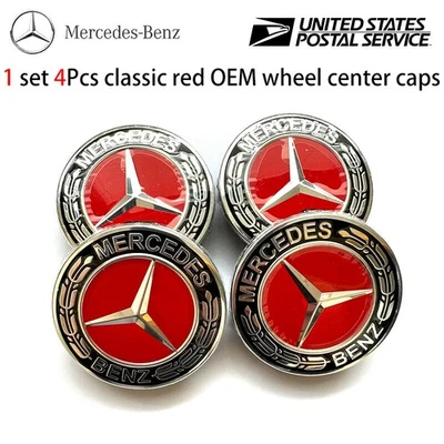Mercedes RED Alloy Wheel Centre Caps Logo 75mm Fits Benz A C E GLA Class - 4ea - Image 1 of 4