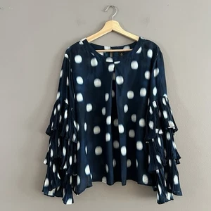 Blusa Black Label By Chicos Mezcla Seda Plisada Nivel Manga Larga Azul Lunares - Imagen 1 de 14