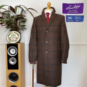 Abraham MOON (38R) Pure Wool TWEED Windowpane Overcoat Jacket Suitor Tailored - Picture 1 of 18