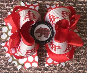 Christmas Buffalo Plaid Tree Panda OTT Large Boutique Girl’s Hair Bow Bling - Picture 1 of 1