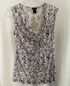 Ann Taylor Factory Top Womens S Leaf Pattern Wrap Sleeveless White Purple New - Picture 1 of 6
