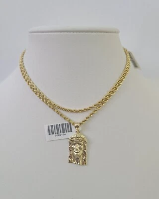 Conjunto de collar colgante cabeza de Jesús cadena cuerda 10k 2,5 mm oro amarillo 18"-30" Foto 1 de 4