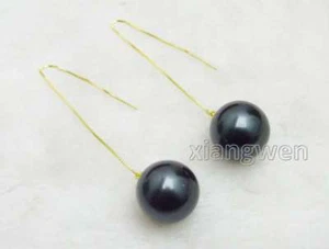 18mm Round Black Sea Shell Pearl Earring Gold-Color Silver S925 Ear Line Earring - Picture 1 of 17