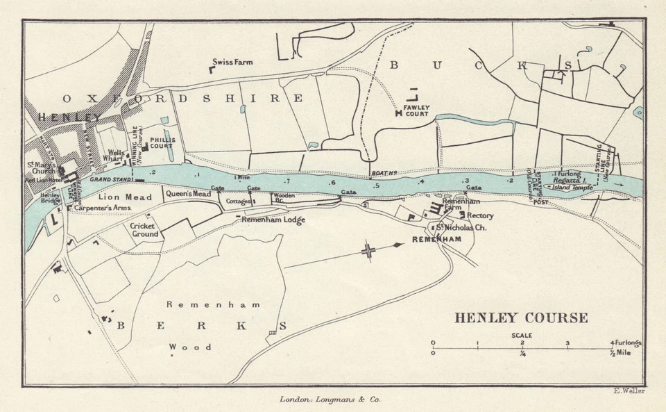 El curso de remo Henley Royal Regatta por Edward Weller 1888 mapa antiguo Foto 1 de 1