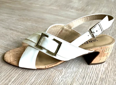 VANELI NWOB 9.5M CLOVIS WHITE LEATHER PATENT SLINGBACK SANDAL CORK SILVER BUCKLE - Image 1 of 4