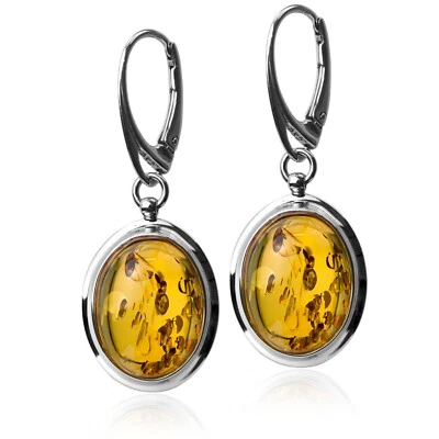 925 Solid Sterling Silver Baltic Honey Amber Oval Beautiful Leverback Earrings - Image 1 of 4