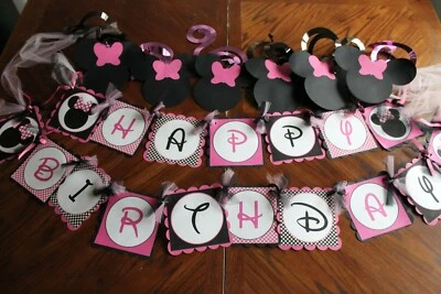 Minnie Mouse "Feliz Cumpleaños" Banner Decoraciones Hecho a Mano Rosa Negro Foto 1 de 4