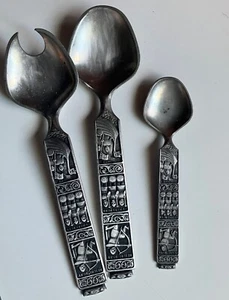 Konge Tinn Norwegian Pewter Salad Serving Set & spoon Viking Theme with boats - Picture 1 of 9