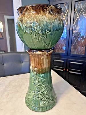 Robinson-Ransbottom Jardiniere & Pedestal - 2 Pc Majolica  #421 - 1940s - Image 1 of 4