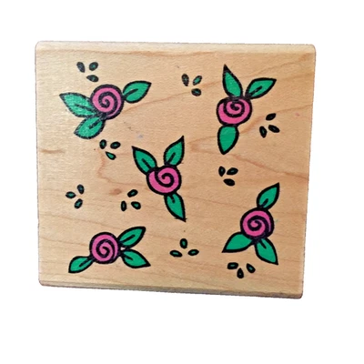 Sello estampida de goma A915E rosas dispersas hojas de brote 2-3/8 x 2,25 montado en madera Foto 1 de 4