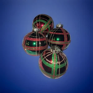 Vtg 4 Large Hand Decorated Glass Plaid Glittery Christmas Balls! 3.5” - Picture 1 of 10