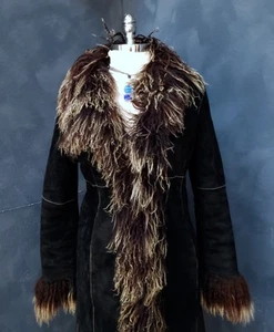 Abrigo de invierno vintage de gamuza negra y piel de oveja mongola M en muy buen estado - Imagen 1 de 15