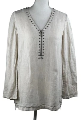 Top túnica Michael Kors mujer avena lino cuello en V plata tachuelas cremalleras pequeño Foto 1 de 4