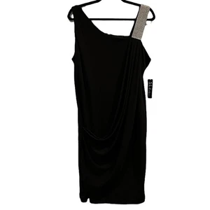 S.L. Fashions Dress Missy 16 Black Rhinestone Ruched Party Event Glam LBD NEW - Picture 1 of 8