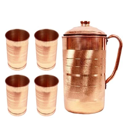 Pure Copper Water Pitcher Jug With Glass Antique Silver Touch Ayurveda Benefits - Image 1 of 4
