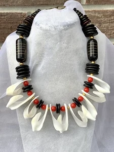 Vintage Brass Threaded Horn Beads Red Sponge Coral & Shell Necklace Eye Catching - Picture 1 of 5