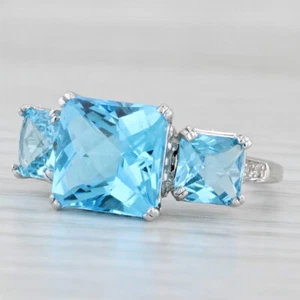 6.37ctw Blue Topaz 3-Stone Ring 10k White Gold Size 7 Diamond Accents - Picture 1 of 10