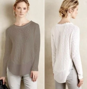Anthropologie Deletta Dusty Taupe Nubby Circle Chiffon Trim Sweater Top XS - Picture 1 of 11