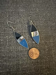 Mexican Silver Drop Earrings Inlaid With Turquoise Abalone And Black Onyx - Picture 1 of 3