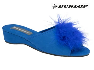 Ladies Womens Wedge Slippers Dunlop Feather Pom Pom Faux Suede Mules Heel Shoes - Picture 1 of 5