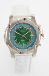 Dalas Green Stainless Silver White Gray Leather Easy Read Quartz Battery Watch