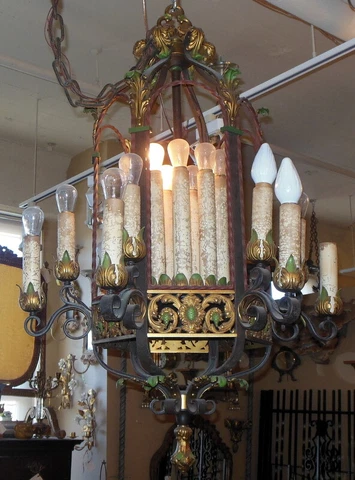 ANTIQUE Large 40"  IRON  LIGHT FIXTURE Italian Renaissance Oscar Bach style Cover