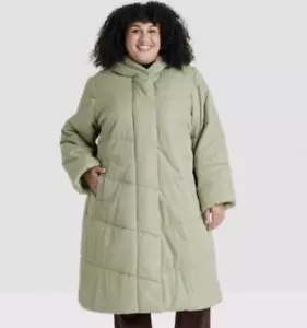Ava & Viv Women's Long Puffer Jacket, Light Sage, Size 3X - Picture 1 of 6
