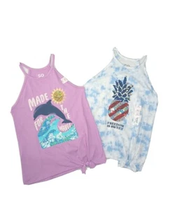 2 New SO Dolphin Made For the Waves Graphic Strappy Tank Top Sequined Sz Large - Picture 1 of 5