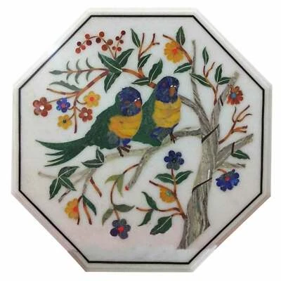 13'' antique white Marble coffee Center Table Top bird Inlay lapis wall panel - Image 1 of 3