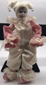 Harlequin Girl Jester Porcelain doll 8”harlequin jester Pink/cream/lace Vintage - Picture 1 of 12