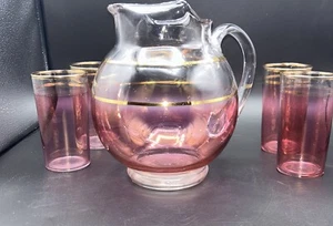 Macbeth Evans cranberry stain glass Gold Pitcher With 4  matching glasses - Picture 1 of 9
