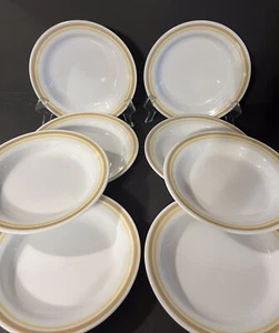 8 Vtg Corelle ALMOND CITRUS Flat Rimmed Pasta/Soup Bowls Brown /Yellow Stripes - Picture 1 of 9