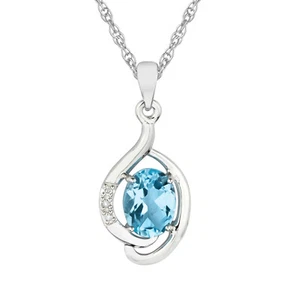 10k White Gold Genuine Oval Blue Topaz and Diamond Pendant Necklace - Picture 1 of 5