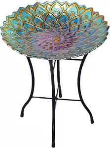 Handpainted Mosaic Flower Fusion Glass Pedestal Bird Bath for Outdoor Patio Gard - Picture 1 of 9