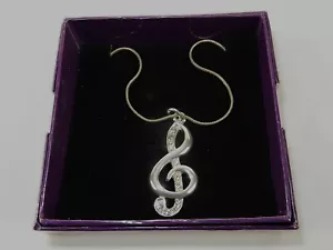 Vintage Silver Tone, 16" Musical Note Rhinestone Pendant Necklace, #9035 - Picture 1 of 6