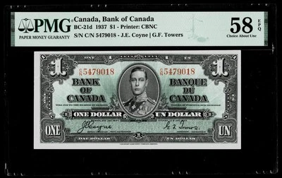 Bank of Canada 1937 $1 Note BC-21d  - PMG AU58 EPQ - Image 1 of 2
