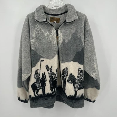 Bear Ridge Mens L Vintage Western Fleece Jacket Cowboy Native American Scene 90s - Image 1 of 4